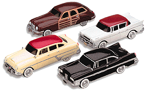 Automobiles -- Route 66 Set: 1948 Sedan, 1954 Sedan, 1958 Sedan, 1959 Coupe (Painted Resin)