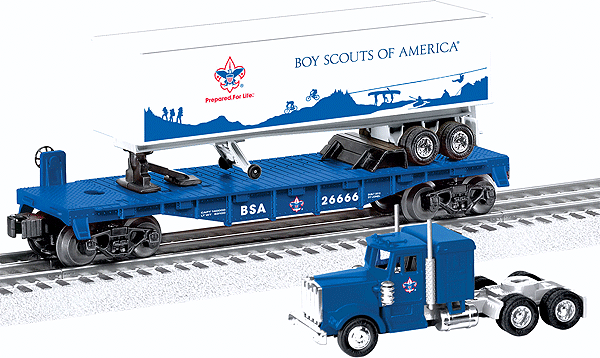 Flatcar w/Tractor Trailer - 3-Rail - Ready to Run -- Boy Scouts of America #26666 (blue, white)