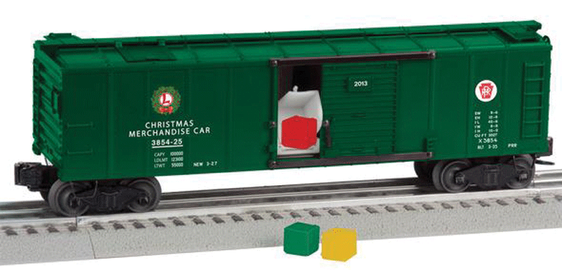 #3854-25 Boxcar - 3-Rail - Ready to Run -- Pennsylvania Railroad #3854-25 (Christmas, green, white, red)