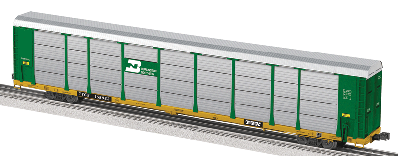 89' Enclosed Auto Carrier 2-Pack - 3-Rail - Ready to Run -- Burlington Northern w/TTX Flat (green Rack, yellow Flat)