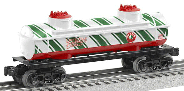2-Dome Tank Car - Ready to Run - 3-Rail -- Lionel (Christmas Candy Cane Scheme, red, green, white)