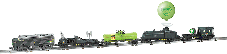 Area 51 Alien Recovery Train Set -- Alco FA Loco, UFO Car, Radar Car, Tank Car, Caboose, Transformer & Track