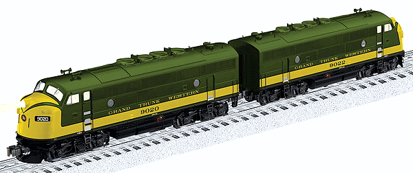 Diesel Scale EMD F3 A-A Set w/RailSounds & Smoke - 3-Rail - Legacy Control -- Grand Trunk Western #9020 (Powered), 9022 (UnPowered) (green, yellow)