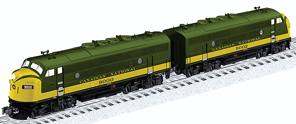 Diesel Scale EMD F3 A-A Set w/RailSounds & Smoke - 3-Rail - Legacy Control -- Canadian National #9000 (Powered), 9002 (UnPowered) (green, yellow)