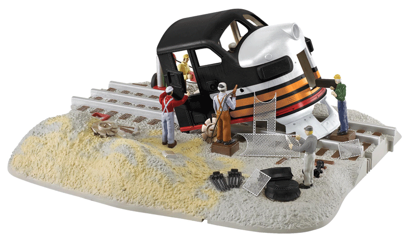 Animated Scrap Yard Scene w/Figures & Lights - Assembled -- Southern Pacific Diesel Being Scrapped 8-1/4 x 7-1/2 x 3-1/4"  21 x 19 x 8.