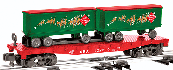 American Flyer(R) Flatcar w/2 Trailers- Ready to Run -- Reindeer Express Agency (Christmas Scheme, green, red)