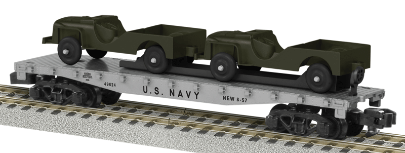 Flatcar w/2 Jeeps Load - Ready to Run - American Flyer(R) -- U.S. Navy #49624 (gray)-1