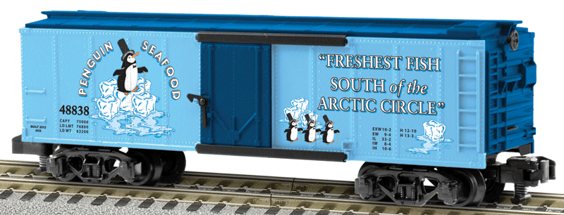 Steel Ice Reefer - Ready to Run - American Flyer(R) -- Penguin Seafood #48838 (2-Tone Blue, "Freshest Fish..." Slogan)