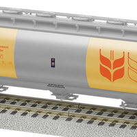 Scale 3-Bay Cylindrical Covered Hopper - Ready to Run - American Flyer(R) -- Government of Canada #106010 (silver, yellow, orange)