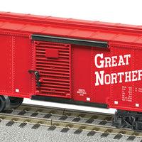 Steam RailSounds Boxcar - Ready to Run - American Flyer(R) -- Great Northern #18400 (red, black, white; Silhouette Rocky Logo)