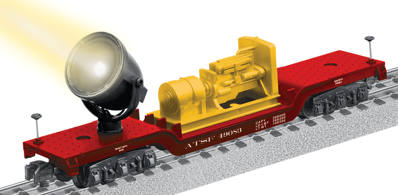 Depressed-Center Searchlight Car - Ready to Run - American Flyer(R) -- Santa Fe #49083 (Boxcar Red)-1