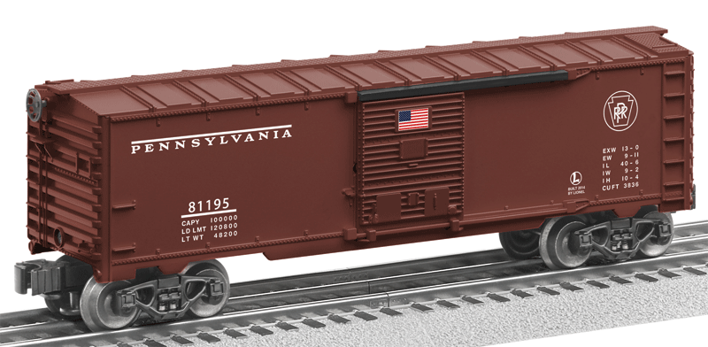 Boxcar - 3-Rail - Ready to Run - US Made -- Pennsylvania Railroad #81195 (tuscan, Circle Keystone, US Flag on Door)-1