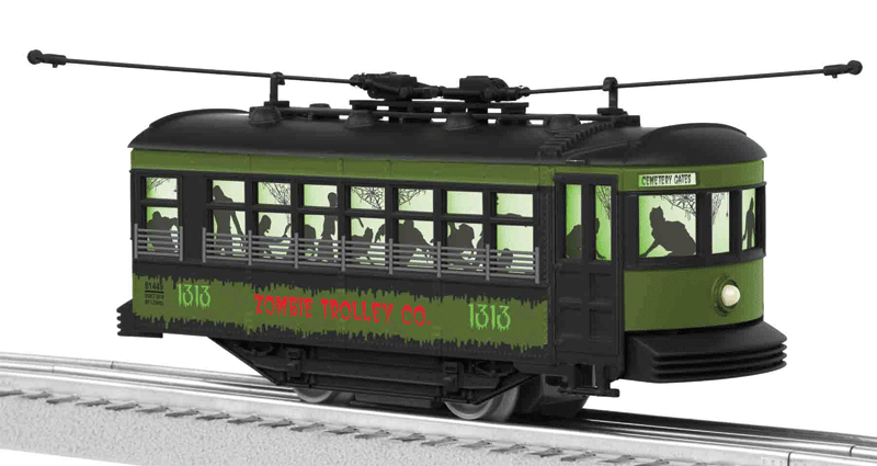 Birney Trolley - Conventional 3-Rail -- Zombie Trolley #1313 (green, black red)