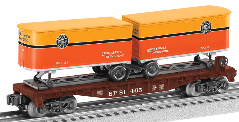 Flatcar w/Piggyback Trailers - 3-Rail - Ready to Run -- Southern Pacific #81465 (Boxcar Red w/red, orange, black Trailers)-1