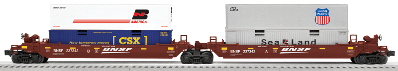 2-Unit Maxi-Stack Well Car w/2 Containers - 3-Rail - Ready to Run -- BNSF Railway (Boxcar Red, white, Wedge Logo, 4 Mixed Containers)-1
