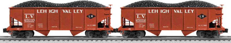 Scale PRR Class Gla 2-Bay Hopper w/Load 2-Pack - 3-Rail - Ready to Run -- Lehigh Valley #25045, 25012 (Boxcar Red, Large Lettering, Black Diamond Logo-1