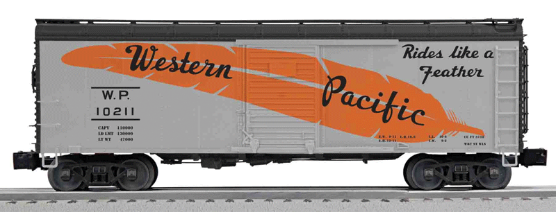 PRR X31A 40' Round-Roof Boxcar - 3-Rail - Ready to Run -- Western Pacific #10211 (silver, black, orange Feather, Feather Slogan)