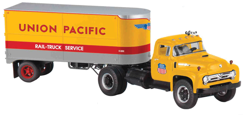 Tractor w/Piggyback Semi Trailer - Assembled -- Union Pacific (Armour Yellow Tractor w/Armour Yellow, red, gray Trailer)