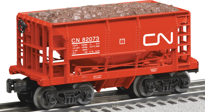 Ore Car w/Load - 3-Rail - Ready to Run -- Canadian National #82073 (Boxcar Red, Noodle Logo)