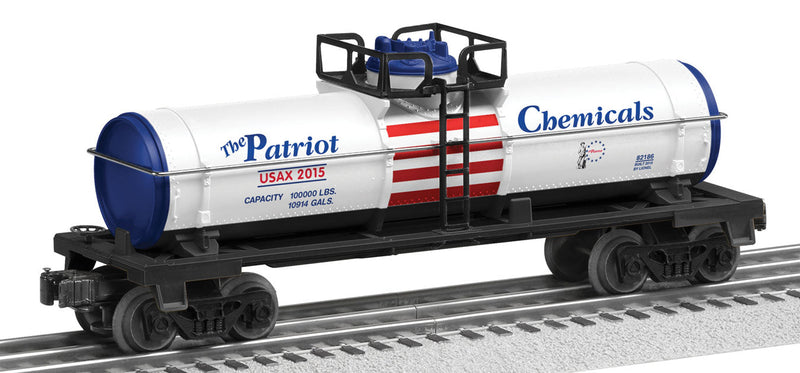 Single-Dome Tank Car - 3-Rail - Ready to Run -- The Patriot Chemicals #2015 (white, blue, red)