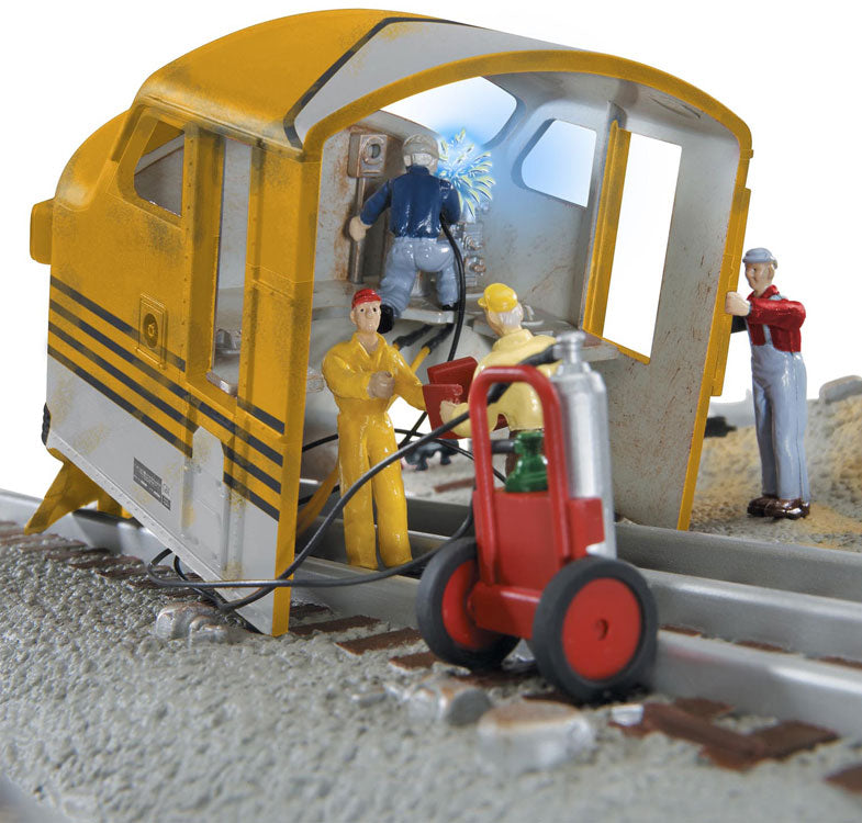 Animated Scrap Yard Scene w/Figures & Lights - Assembled -- Denver & Rio Grande Western Diesel 8-1/4 x 7-1/2 x 3-1/4"  21 x 19 x 8.3cm