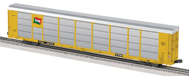 Scale 89' Enclosed Auto Carrier - 3-Rail - Ready to Run -- Transportacion Ferroviaria Mexicano TFM (yellow, silver, TTX Flat)