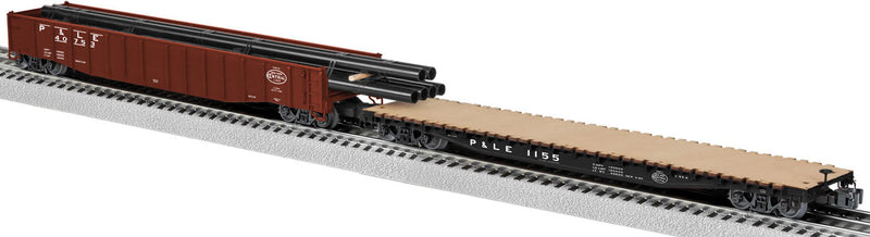 PS-5 Gondola & PS4 Flatcar w/Pipe Load Set - Scale 3-Rail - Ready to Run -- Pittsburgh & Lake Erie #40753, 1155 (Boxcar Red Gondola, black Flat)