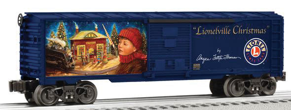 Steel Boxcar - 3-Rail - Ready to Run -- Lionelville Christmas by Angela Trotta Thomas (blue w/Full-Color Artwork)