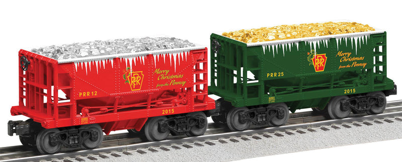 Ore Car w/Load 2-Pack - 3-Rail - Ready to Run -- Pennsylvania Railroad #12, 25 (One Each: red w/Silver Load & green w/Gold Lo