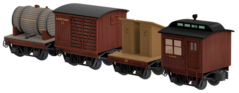 Logging Dinner Train Disconnect 4-Car Set - 3-Rail Ready to Run -- Shorty Cars on Trucks - Tank, Stock, Flat w/Outhouses, Coach (Boxcar Red)