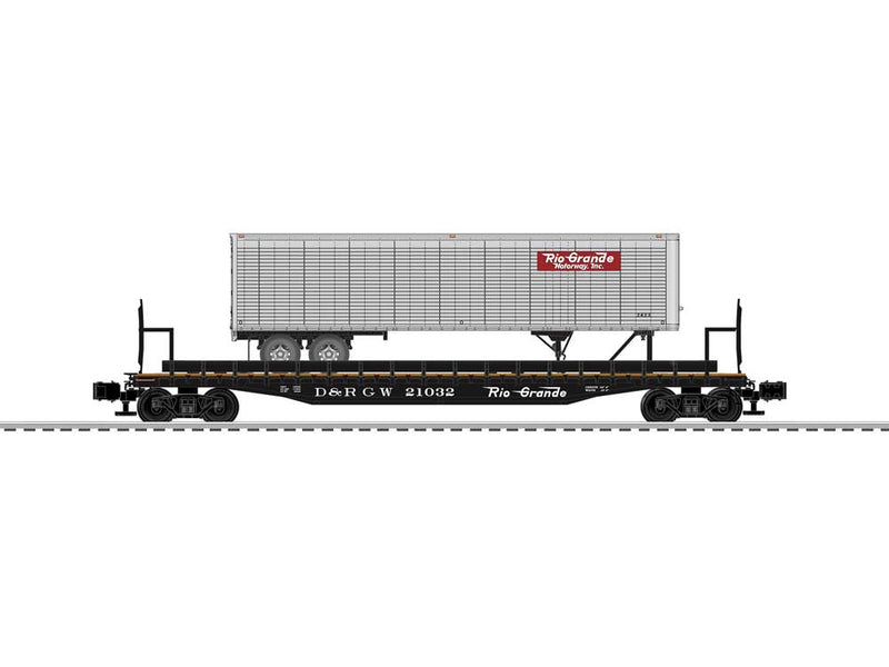 50' Flatcar with 40' Trailer - Scale 3-Rail - Ready to Run -- Denver & Rio Grande Western 21032 with RGMW Trailer