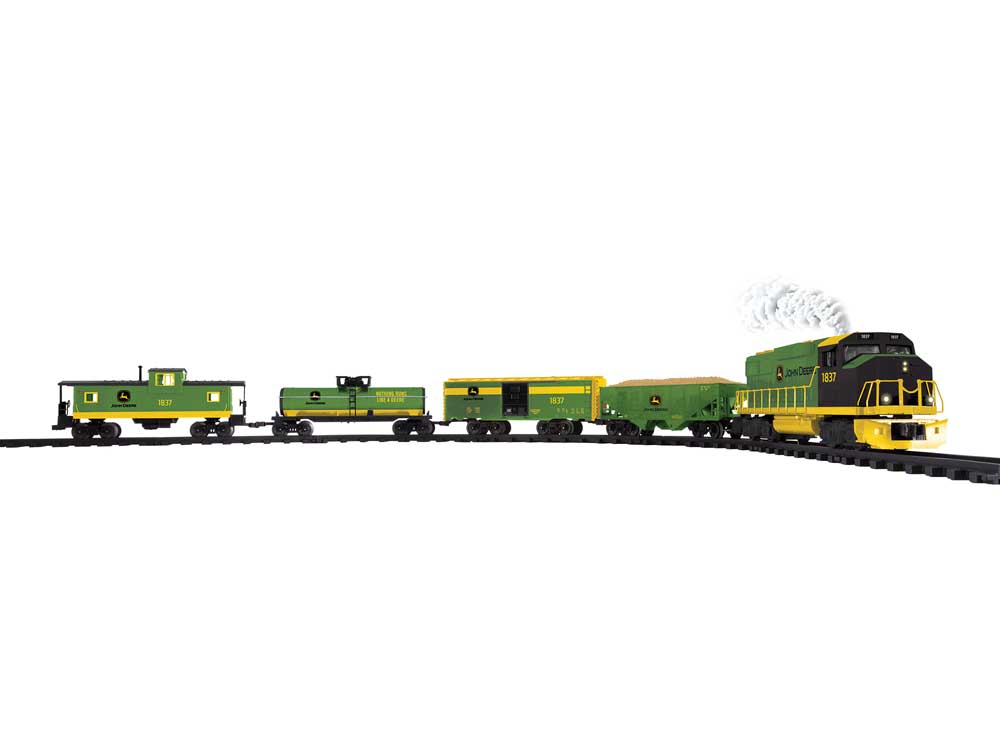John Deere Battery Operated O-Gauge Train Set -- GP60M Diesel, 4 Cars, Track Oval, Remote Controller