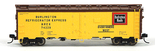 Trix American 40' Steel Reefer w/RP-25 Wheels -- Burlington Refrigerator Express - Chicago, Burlington & Quincy #74220