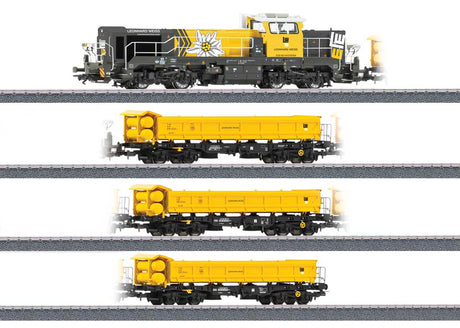 Leonhard Weiss Construction Train-Only Set - 3-Rail - Sound and Digital -- Class DE Diesel, 3 Type Fakks 127 Side Dump Cars (Era VI, yellow, black)