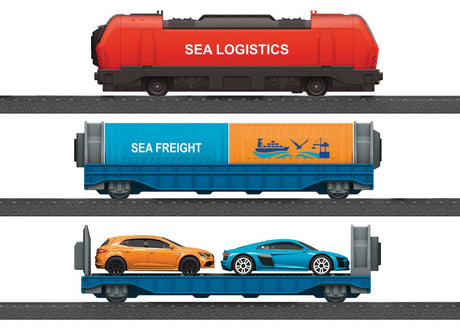 Harbor Logistics Battery-Operated Starter Set with Plastic Track - My World -- Locomotive, 2 Flatcars, Plastic Track and Controller-1