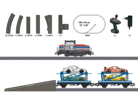 Auto Transport Train Starter Set - 3-Rail - Digital - Start Up -- Henschel DHG 500, 2 Auto Carriers with Porsches, C Track Oval with Siding, C-2