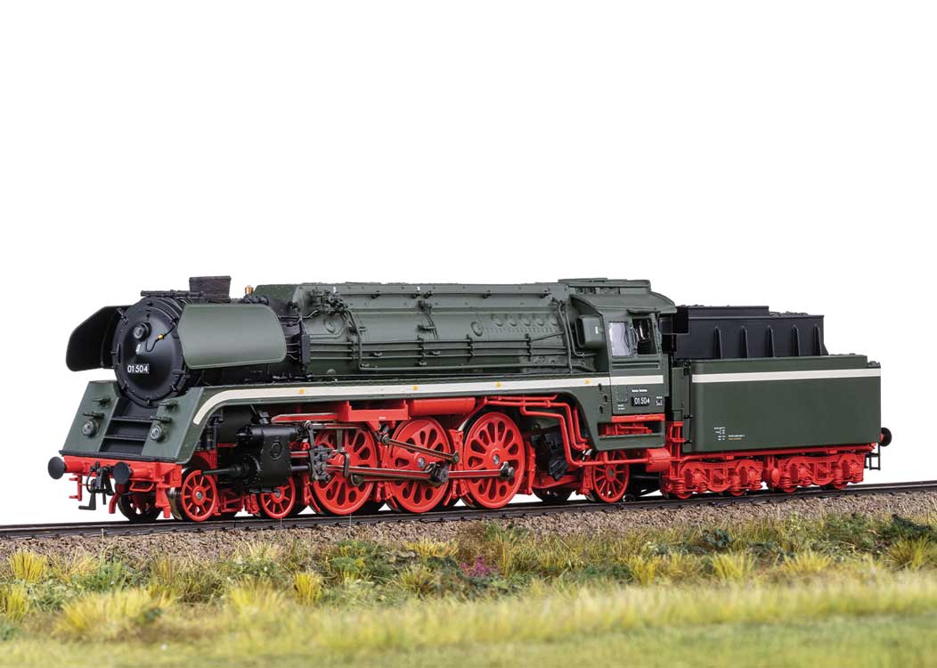 Class 01.5 4-6-2 w/2 2 T34 Coal Tender - 3-Rail - Sound and Digital -- German State Railroad DR #01 504 (Era III 1964, black, red, white)-3