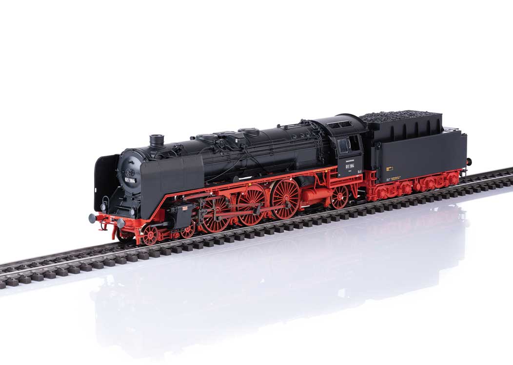 Class 01 4-6-2 w/2 2 T34 Coal Tender - 3-Rail - Sound and Digital -- German State Railroad DR #01 184 (Era II 1936, black, red)-1