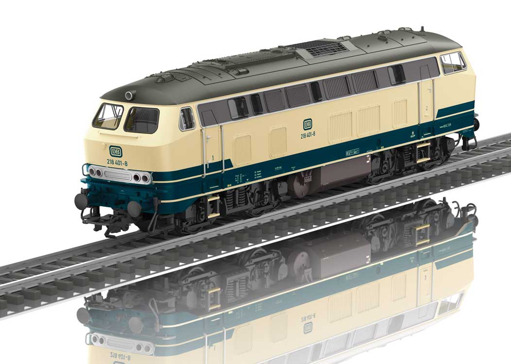 Class 218 Diesel - 3-Rail - Sound and Digital -- German Federal Railroad DB #218 401-8 (Era IV 1976, ivory, blue, black)-1