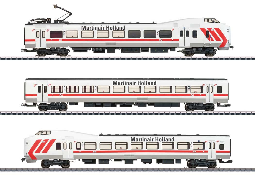 Class ICM-1 Koploper 3-Car Electric Rail Car Train - 3-Rail - Sound & Digital -- Dutch State Railways NS (Era IV 1986, Martinair Holland, white, red, gray)-1