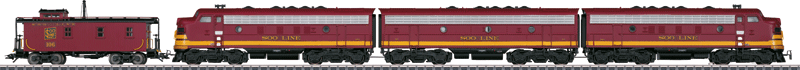 EMD F7 A-B-A Set & Wood Caboose Train-Only Set - 3-Rail w/Sound & Digital -- Soo Line (maroon, Dulux Gold)