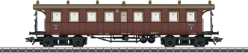 Type CCi 3rd Class Coach with Open Vestibules - 3-Rail - Ready to Run -- Royal Wurttemberg State Railways K.W.St.E. 1 (Era I 1915, brown)