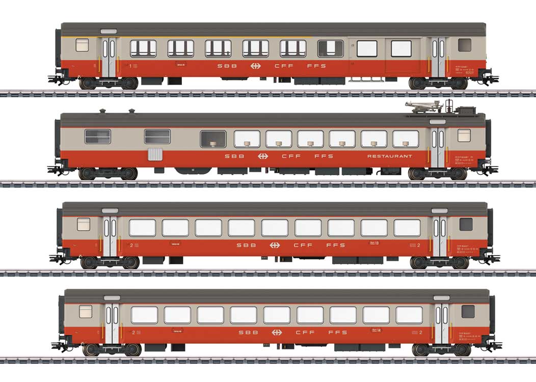 Type AD Combine, Type WR Diner, 2 Type B Coaches - 3-Rail - Ready to Run -- Swiss Federal Railways SBB/CFF/FFS (Era IV 1975, Swiss Express, gray, orange-1
