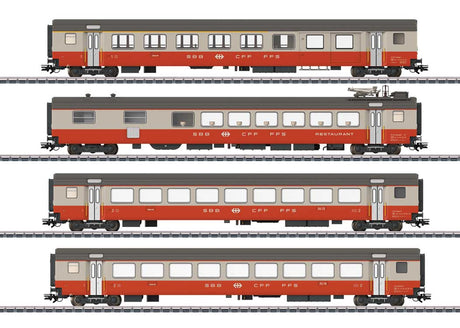 Type AD Combine, Type WR Diner, 2 Type B Coaches - 3-Rail - Ready to Run -- Swiss Federal Railways SBB/CFF/FFS (Era IV 1975, Swiss Express, gray, orange-1