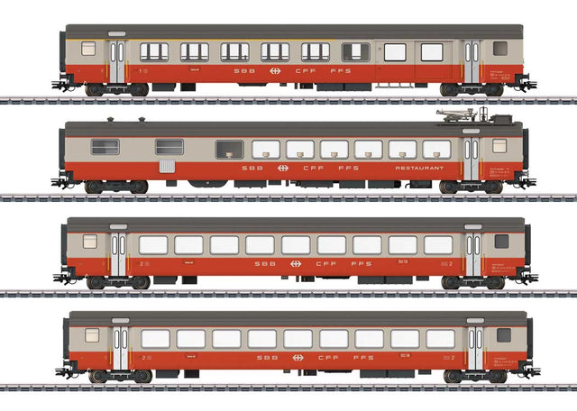Type AD Combine, Type WR Diner, 2 Type B Coaches - 3-Rail - Ready to Run -- Swiss Federal Railways SBB/CFF/FFS (Era IV 1975, Swiss Express, gray, orange-1