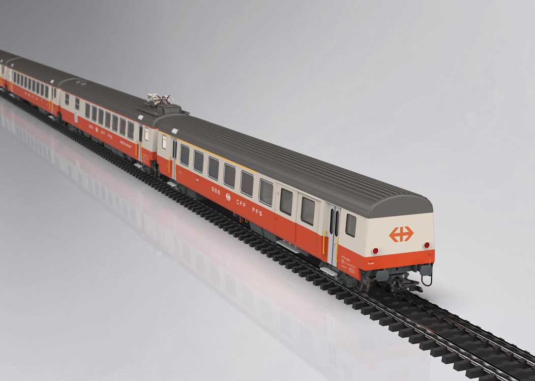 Type AD Combine, Type WR Diner, 2 Type B Coaches - 3-Rail - Ready to Run -- Swiss Federal Railways SBB/CFF/FFS (Era IV 1975, Swiss Express, gray, orange-3