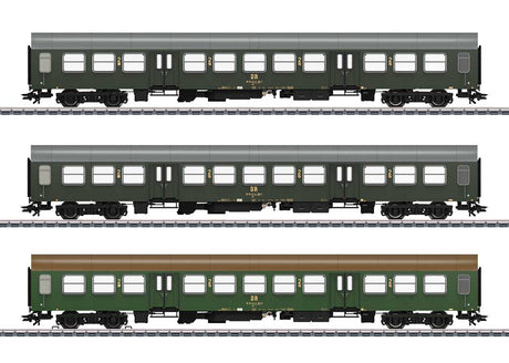 Type Bmh Halberstadt Center Entry Car 3-Pack - 3-Rail - Ready to Run -- German State Railroad DR (Era IV 1980s, green, silver & green, brown)-1