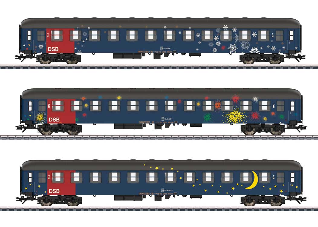Type Bcm 2nd Class Slumber Car 3-Pack - 3-Rail - Ready to Run - Start Up -- Danish State Railways DSB (Era V 1990s, blue, red, gray)