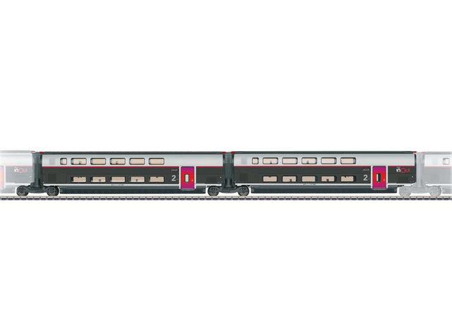 TGV INOUI Add-On R6 & R7 2nd Class Intermediate 2-Pack - 3-Rail - Ready to Run -- French State Railways SNCF Train #4713 (Era VI 2025, black, gray, white, red