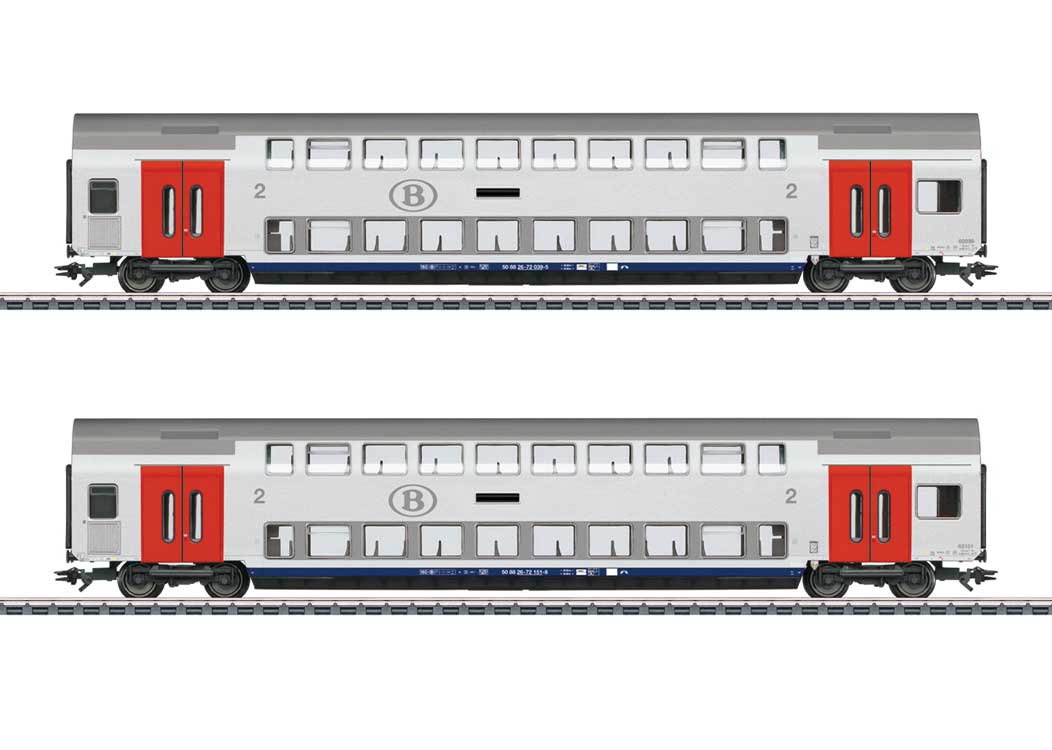 Type M6 2nd Class Bi-Level Coach 2-Pack - 3-Rail - Ready to Run -- Belgian National Railways SNCB (Era VI 2023, white, gray, red)